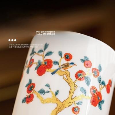 LY SỨ UỐNG TRÀ HỌA TIẾT QUẢ HỒNG